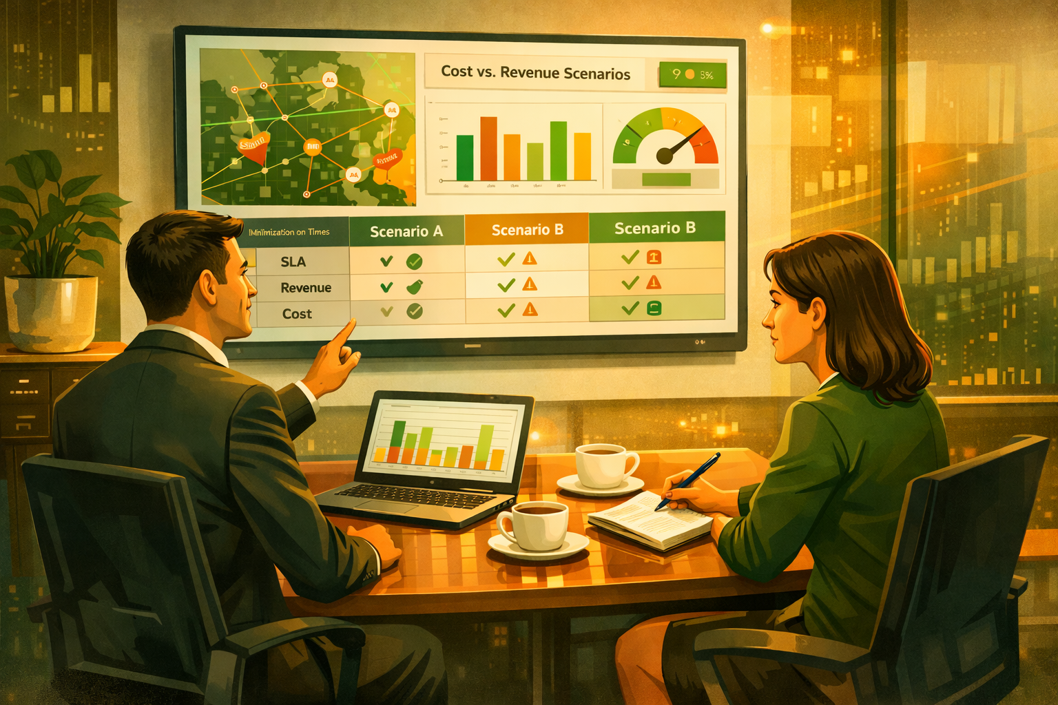 Illustration of Answer Target scenario planning and decision-support dashboards