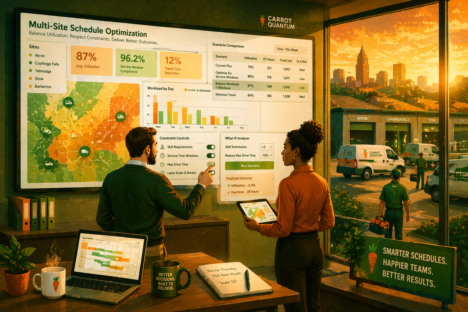 Illustration of multi-site scheduling optimization and service planning